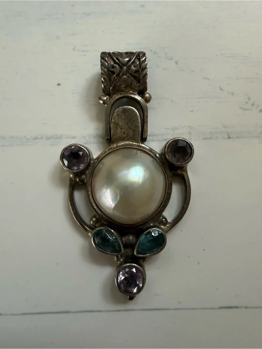 925 Sterling Silver Pearl Pendant with Blue and Purple Topaz Stones